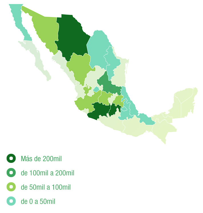 Mapa de México que muestra el número de árboles plantados por estado, desde 0 hasta más de 200 mil.